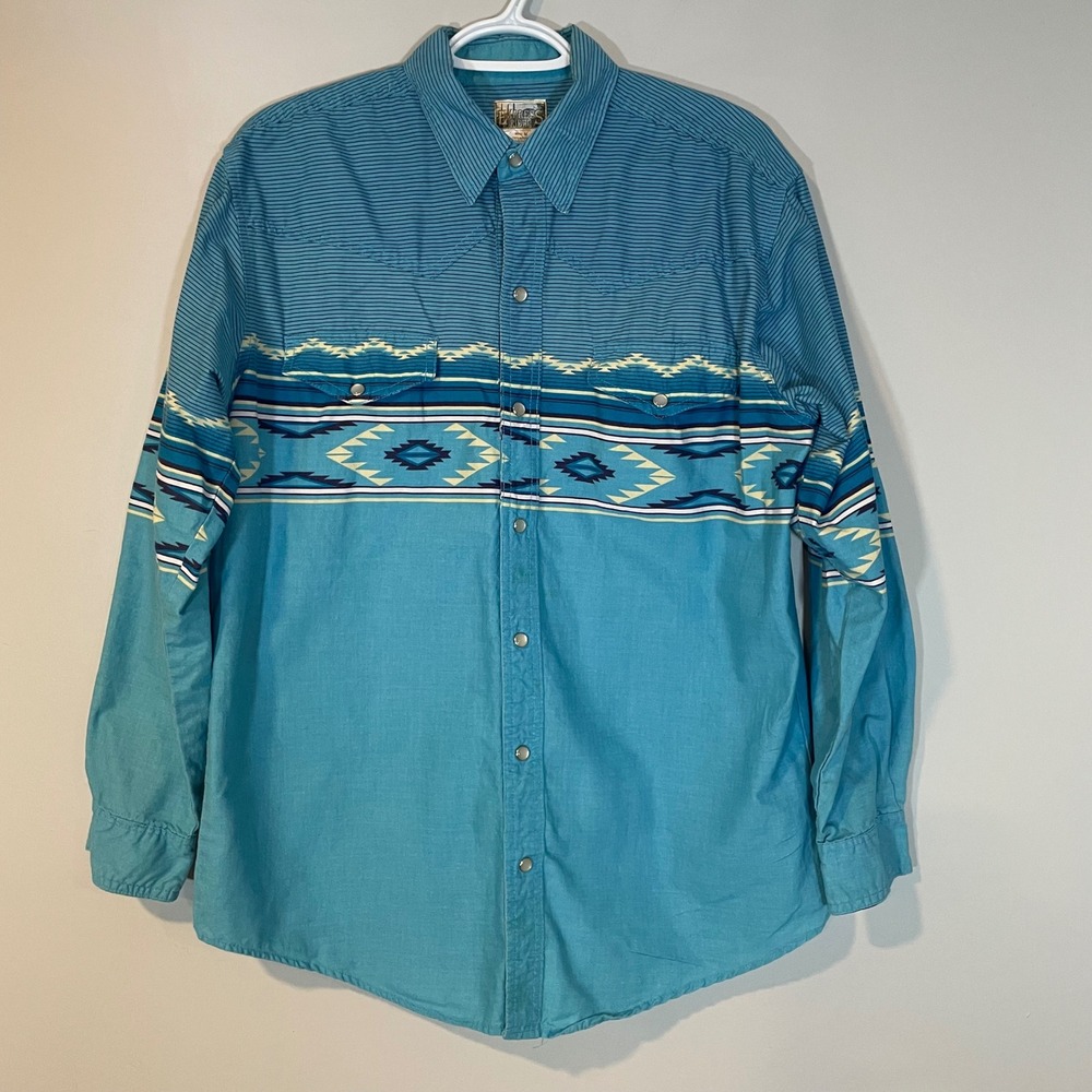 Express Rider Mens Turquoise Southwestern Long Sleeve Snap Button Shirt M‎ FLAW